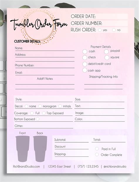 custom tumbler order form template free